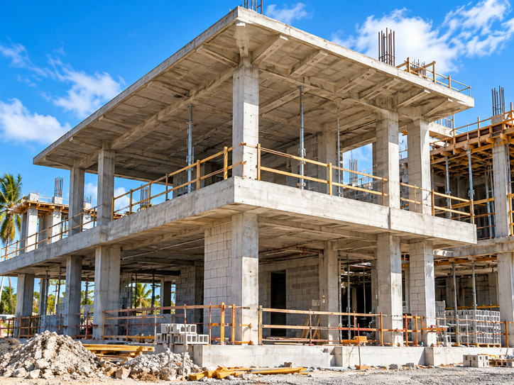 Multi-story concrete frame with block walls and rebar rising from the columns under construction