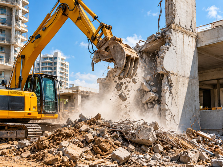 Excavator with a demolition grapple pulling down a concrete structure beside a pile of rubble