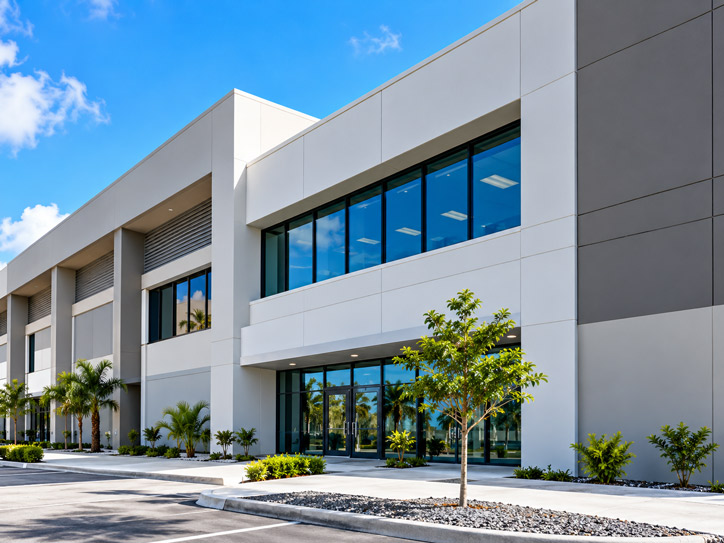 Modern two-story commercial building with a glass entrance and landscaped frontage