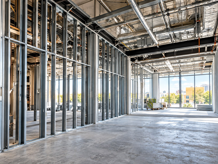 Open commercial interior with metal stud framing, exposed ductwork and a bare concrete floor